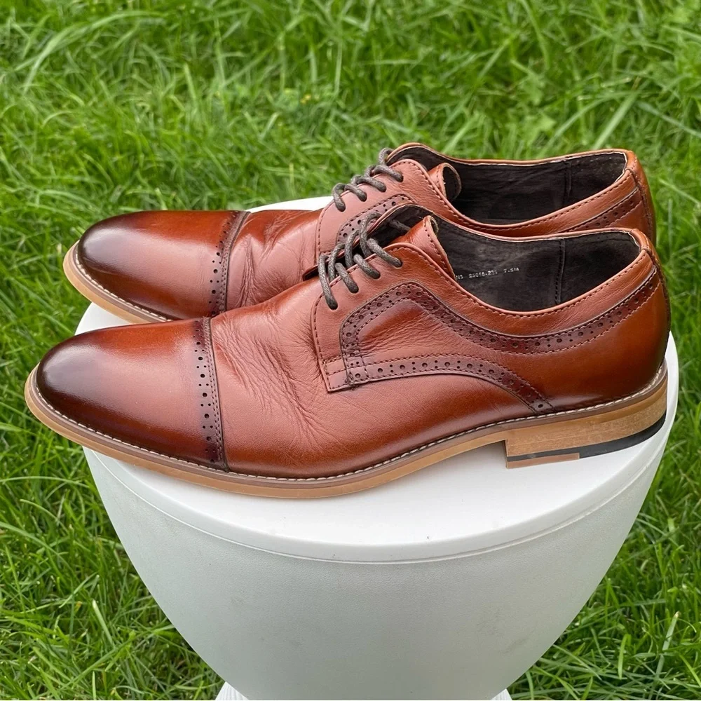 Stacy Adams Dickinson Shoes Mens 7.5 Cognac Brown Lace Up Cap Toe Oxford Dress